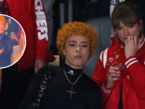 Ice Spice’s ‘devil’ signs and upside down cross at Super Bowl spark satanic rumors. (X)
