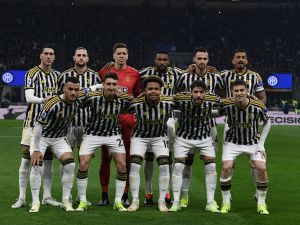Juventus' player pose for a team photograph prior to the start of the Italian Serie A football match between US Lecce and FC Juventus at the Via Del Mare - Ettore Giardiniero Stadium, in Lecce on January 21, 2024. (Photo by CARLO HERMANN / AFP)