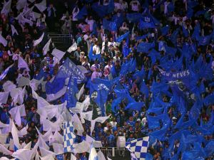 Hilal's supporters cheer after their team's first goal during the AFC Champions League football match between Saudi Arabia's Al-Hilal SFC and Iran’s Sepahan FC at the Kingdom Arena Stadium in Riyadh on February 22, 2024. (Photo by Fayez NURELDINE / AFP)