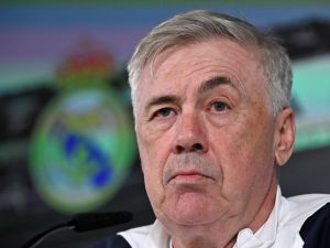 Real Madrid's Italian coach Carlo Ancelotti gives a press conference at the Ciudad Real Madrid training ground in Valdebebas, outskirts of Madrid, on February 24, 2024. (Photo by JAVIER SORIANO / AFP)