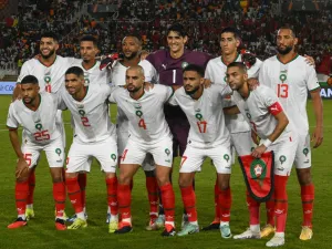 Morocco's players pose ahead of the Africa Cup of Nations (CAN) 2024 group F football match between Zambia and Morocco at the Stade Laurent Pokou in San Pedro on January 24, 2024. (Photo by SIA KAMBOU / AFP)