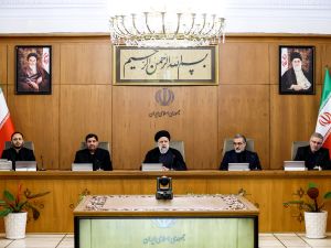 This handout picture provided by the Iranian president's office shows President Ebrahim Raisi (C) chairing a cabinet meeting in Tehran on April 2, 2024.