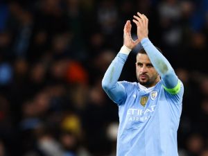 Manchester City's English defender #02 Kyle Walker reacts at the end of the UEFA Champions League quarter-final second-leg football match between Manchester City and Real Madrid, at the Etihad Stadium, in Manchester, north-west England, on April 17, 2024. Real Madrid beat holders Manchester City 4-3 on penalties to reach the Champions League semi-finals on Wednesday after the tie ended 4-4 on aggregate. (Photo by Darren Staples / AFP)
