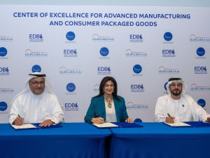 From left to right: H.E. Mohamed Al Awadhi, Director General of SCCI; H.E. Najla Ahmed Al Midfa, CEO of Sharjah Entrepreneurship Center (Sheraa); and H.E. Ahmed Mohamed Al Naqbi, CEO of Emirates Development Bank during a group signing of the new strategic partnership to launch the CoE for Advanced Manufacturing and CPG.