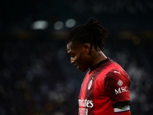 AC Milan's Portuguese forward #10 Rafael Leao reacts during the Italian Serie A football match between Juventus and AC Milan at The Allianz Stadium in Turin on April 27, 2024. (Photo by MARCO BERTORELLO / AFP)