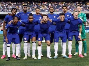 Chelsea players pose for a team photo ahead of a pre-season friendly football match between Chelsea FC and Borussia Dortmund BVB at Soldier Field in Chicago, Illinois, on August 2, 2023. (Photo by KAMIL KRZACZYNSKI / AFP)