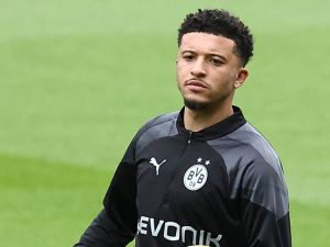 Dortmund's English midfielder #10 Jadon Sancho controls the ball during a training session at the Parc des Princes Stadium, in Paris, on the eve of the UEFA Champions League semi-final second leg football match between Paris Saint-Germain (PSG) and Borussia Dortmund, on May 6, 2024. (Photo by FRANCK FIFE / AFP)