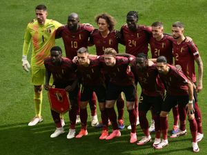 Belgium's players pose for a team picture during the UEFA Euro 2024 Group E football match between Belgium and Slovakia at the Frankfurt Arena in Frankfurt am Main on June 17, 2024. (Photo by Angelos Tzortzinis / AFP)