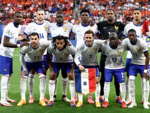France's players pose prior to the UEFA Euro 2024 Group D football match between the Netherlands and France at the Leipzig Stadium in Leipzig on June 21, 2024. (Photo by FRANCK FIFE / AFP)