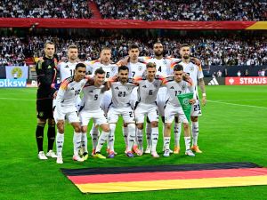 Germany's team pose prior the friendly football match Germany v Ukraine, in Nuremberg, eastern Germany, on June 3, 2024. (Photo by Tobias SCHWARZ / AFP)