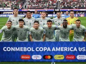Mexico players pose for a team photo ahead of the Conmebol 2024 Copa America tournament group B football match between Venezuela and Mexico at SoFi Stadium in Inglewood, California on June 26, 2024. (Photo by Patrick T. Fallon / AFP)