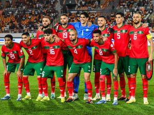 Morocco's players pose ahead of the Africa Cup of Nations (CAN) 2024 round of 16 football match between Morocco and South Africa at the Stade Laurent Pokou in San Pedro on January 30, 2024. (Photo by SIA KAMBOU / AFP)