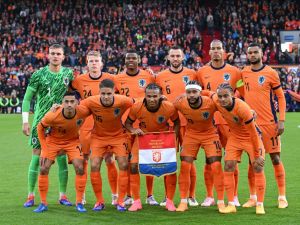 Dutch's team players pose for photographs ahead of the International friendly football match between Netherlands and Iceland at the Feyenoord Stadium, in Rotterdam, on June 10, 2024. (Photo by JOHN THYS / AFP)