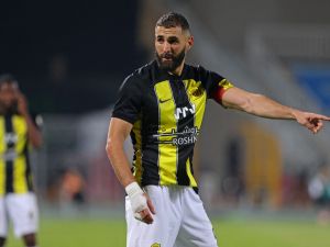 Ittihad's French forward #09 Karim Benzema reacts during the Saudi Pro League football match between Al-Ittihad and Al-Riyadh at the Prince Faisal Bin Fahd stadium in Riyadh on August 24, 2023. (Photo by Fayez NURELDINE / AFP) Ittihad's French forward #09 Karim Benzema reacts during the Saudi Pro League football match between Al-Ittihad and Al-Riyadh at the Prince Faisal Bin Fahd stadium in Riyadh on August 24, 2023. (Photo by Fayez NURELDINE / AFP)