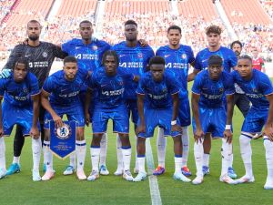 The Chelsea FC starting lineup poses for this photo prior to the start of a preseason friendly against Wrexham AFC at Levi's Stadium on July 24, 2024 in Santa Clara, California. Thearon W. Henderson/Getty Images/AFP (Photo by Thearon W. Henderson / GETTY IMAGES NORTH AMERICA / Getty Images via AFP)