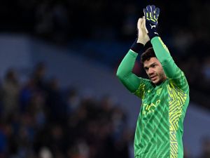 Manchester City's Brazilian goalkeeper #31 Ederson applauds the fans following the UEFA Champions League Group B second leg football match between Manchester City and Young Boys at the Etihad Stadium in Manchester, north west England, on November 7, 2023. (Photo by Oli SCARFF / AFP)