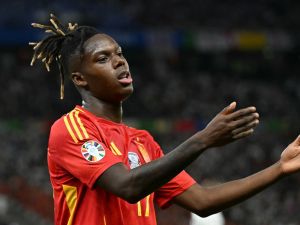 Spain's midfielder #17 Nico Williams reacts during the UEFA Euro 2024 final football match between Spain and England at the Olympiastadion in Berlin on July 14, 2024. (Photo by INA FASSBENDER / AFP) Spain's midfielder #17 Nico Williams reacts during the UEFA Euro 2024 final football match between Spain and England at the Olympiastadion in Berlin on July 14, 2024. (Photo by INA FASSBENDER / AFP)
