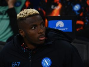 Napoli's Nigerian forward #09 Victor Osimhen looks on prior to the Serie A football match between Inter Milan and Napoli at San Siro stadium in Milan, on March 17, 2024. (Photo by Isabella BONOTTO / AFP)