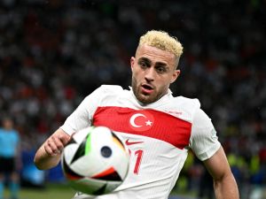 Turkey's forward #21 Baris Alper Yilmaz runs for the ball during the UEFA Euro 2024 quarter-final football match between the Netherlands and Turkey at the Olympiastadion in Berlin on July 6, 2024. (Photo by JAVIER SORIANO / AFP) Turkey's forward #21 Baris Alper Yilmaz runs for the ball during the UEFA Euro 2024 quarter-final football match between the Netherlands and Turkey at the Olympiastadion in Berlin on July 6, 2024. (Photo by JAVIER SORIANO / AFP)