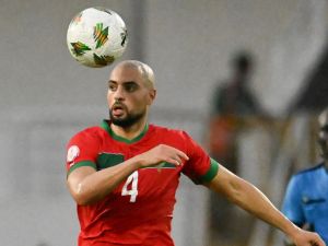 Morocco's midfielder #4 Sofyan Amrabat heads the ball during the Africa Cup of Nations (CAN) 2024 group F football match between Morocco and Tanzania at Stade Laurent Pokou in San Pedro on January 17, 2024. (Photo by SIA KAMBOU / AFP) Morocco's midfielder #4 Sofyan Amrabat heads the ball during the Africa Cup of Nations (CAN) 2024 group F football match between Morocco and Tanzania at Stade Laurent Pokou in San Pedro on January 17, 2024. (Photo by SIA KAMBOU / AFP)