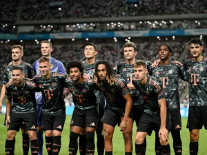 Players from Bayern Munich pose for a team photo before a friendly football match between Tottenham Hotspur and Bayern Munich at the Seoul World Cup Stadium in Seoul on August 3, 2024. (Photo by Anthony WALLACE / AFP)