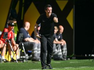 Aston Villa's Spanish head coach Unai Emery reacts from the sidelines during the pre-season friendly club football match between Germany's BVB Borussia Dortmund and England's Aston Villa FC in Dortmund, western Germany on August 10, 2024. (Photo by INA FASSBENDER / AFP)