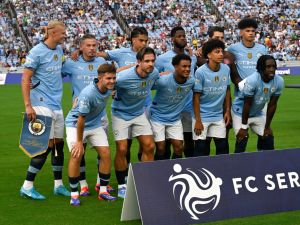 Manchester players pose for a team photo ahead of the 2024 FC Series pre-season friendly football match between Manchester City and Celtic at the Kenan Memorial Stadium in Chapel Hill, North Carolina, July 23, 2024. (Photo by Peter Zay / AFP) Manchester players pose for a team photo ahead of the 2024 FC Series pre-season friendly football match between Manchester City and Celtic at the Kenan Memorial Stadium in Chapel Hill, North Carolina, July 23, 2024. (Photo by Peter Zay / AFP)