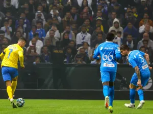Nassr's Portuguese forward #07 Cristiano Ronaldo controls the ball during the Riyadh Season Cup final match between Al-Nassr and Al-Hilal at the Kingdom Arena in Riyadh, on February 8, 2024. (Photo by Fayez Nureldine / AFP)