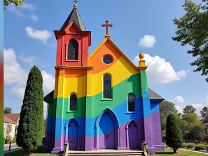 Church with Pride flag colors