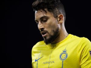 Brazilian defender Alex Telles looks on during the 2023 Arab Club Champions Cup group C football match between Saudi Arabia's Al-Nassr and Saudi Arabia's Al-Shabab at the King Fahd Stadium in Taif on July 28, 2023. (Photo by AFP)