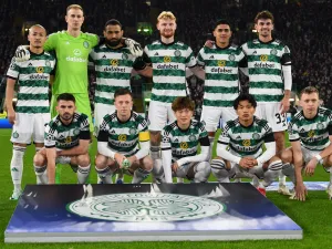 Celtic players pose for team photo prior to the UEFA Champions League group E football match between Celtic and Atletico Madrid at Celtic Park stadium in Glasgow, Scotland, on October 25, 2023. (Photo by ANDY BUCHANAN / AFP)