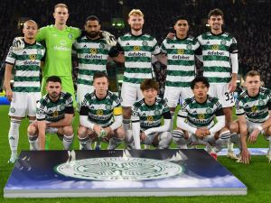 Celtic players pose for team photo prior to the UEFA Champions League group E football match between Celtic and Atletico Madrid at Celtic Park stadium in Glasgow, Scotland, on October 25, 2023. (Photo by ANDY BUCHANAN / AFP)