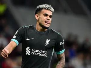 Liverpool's Colombian forward #07 Luis Diaz looks on during the UEFA Champions League 1st round day 1 football match between AC Milan and Liverpool FC at the San Siro stadium in Milan on September 17, 2024. (Photo by PIERO CRUCIATTI / AFP)