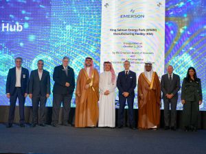 Inaugural moment – Emerson Saudi Arabia’s Manufacturing Hub at SPARK (Left to right): Mishal Al Zughaibi, President and Chief Executive Officer, SPARK, Fahad Al Abdul Kareem, Executive Vice President, Saudi Aramco, James Turley, Chairman of the Board, Emerson, His Excellency Mohammad Abahussain, Deputy Minister for Integrated Investors Services, Ministry of Investment, Saudi Arabia, Khalid Al Kharboush, Vice President, SABIC, Mathias Schinzel, President, Emerson Middle East & Africa, His Excellency Fuad Mos