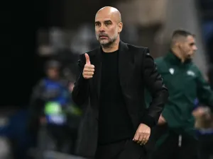 Manchester City's Spanish manager Pep Guardiola gives a thumbs up during the UEFA Champions League football match between SK Slovan Bratislava and Manchester City in Bratislava, Slovakia on October 1, 2024. (Photo by Joe Klamar / AFP)