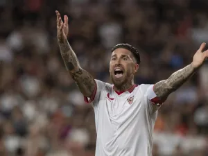 Sevilla's Spanish defender #4 Sergio Ramos reacts during the Spanish league football match between Sevilla FC and FC Barcelona at the Ramon Sanchez Pizjuan stadium in Seville on May 26, 2024. (Photo by JORGE GUERRERO / AFP)