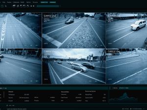 CCTV Traffic Speeding Security Camera. Road Safety Supervision Technology in the Middle of Busy Urban City Area with Intense Car Driving. Software Interface of Monitoring Speed Limit, Road Safety