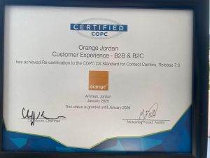Orange Jordan Continues Its Global Leadership in Customer Service with COPC Certification Renewal for the Sixth Consecutive Year