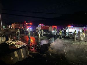 Rescuers and first-responders gather at the scene of an overnight Israeli strike in Al-Msayleh area in southern Lebanon on October 11, 2025. AFP Israeli drone strikes pound southern Lebanon, civilians wounded
