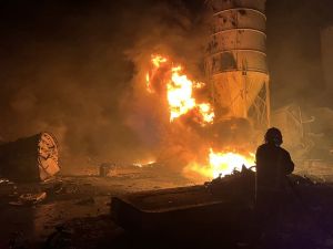 A firefighter douses the flames of a fire that took over a cement manufacturing complex following a series of Israeli airstrikes, in the village of Ansar, near Doueir, southern Lebanon, on October 16, 2025. AFP Israeli drone strike kills two brothers in southern Lebanon