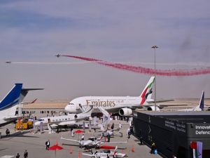The Emirates A350 makes its flypast debut at the 2025 Dubai Airshow