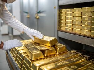 أيدي مصرفية ترتدي قفازات بيضاء، مدير خزنة بنك يحمل قطعة من الذهب، مفهوم الاحتياطيات الوطنية من الذهب. مدخرات واستثمارات، أعمال ومالية.