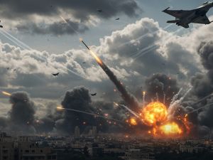 مشهد حربي واقعي بين إسرائيل وإيران، صراع عسكري حديث، مقاتلات في السماء، صواريخ تطلق، وأعمدة الدخان تتصاعد.