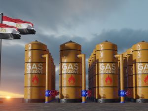 احتياطي الغاز في مصر، خزان تخزين الغاز في مصر، خزان غاز طبيعي في مصر مع علم مصر، عقوبات على الغاز، عمل ثلاثي الأبعاد وصورة ثلاثية الأبعاد.