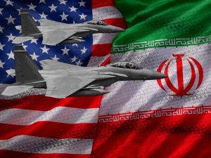 علمَا الولايات المتحدة وإيران في خلفية ترمز إلى المفاوضات النووية وتخفيف العقوبات.