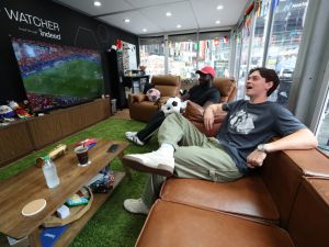 World Cup match watching cubicle in Times Square