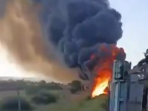 Footage: Ukrainian drone sets Russian fuel train ablaze