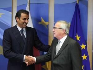 President of the European Commission, Jean Claude Juncker (R) shakes hands with Sheikh Tamin Bin Hamad Al Thani, Emir of Qatar at the European Commission Headquarters in Brussels on Mar. 7, 2018. 
(Aris Oikonomou / AFP)