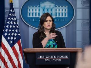 White House spokesperson Sarah Huckabee Sanders speaks at the press briefing at the White House in Washington, DC, on Mar. 9, 2018. 
(NICHOLAS KAMM / AFP)