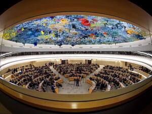 General view of the United Nations Human Rights Council during the presentation of report by the Commission of Inquiry on Syria, on Mar.13, 2018 in Geneva. Syria enters its eighth year of war on Mar.15, 2018 free of the jihadist "caliphate" but torn apart by an international power struggle as the regime presses its blistering reconquest.
(Fabrice COFFRINI / AFP)